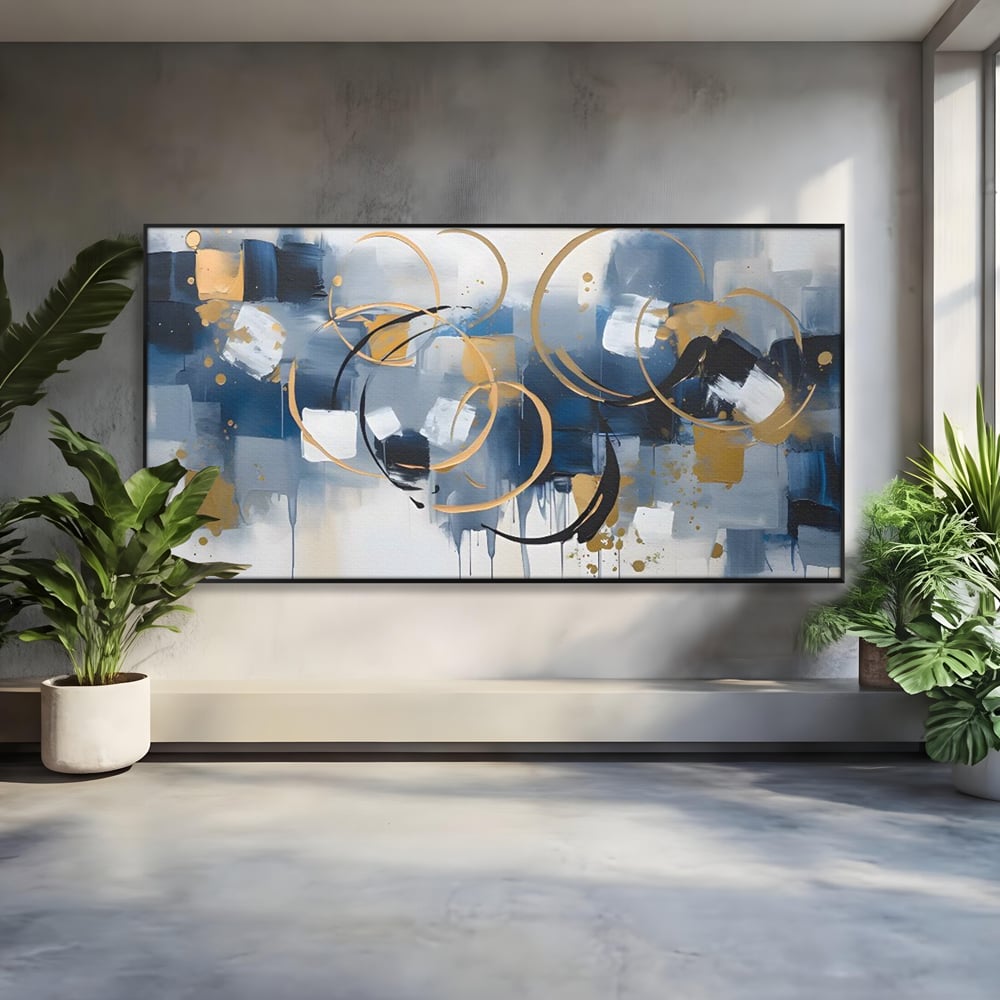 Tablou canvas cu pictura abstracta cu cercuri aurii si albastre, in rama de aluminiu negru